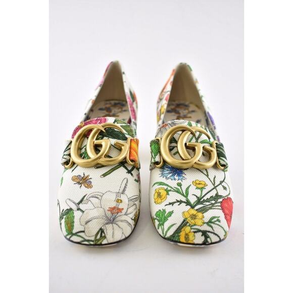 Gucci Victoire 55 White Canvas Floral Logo Block Mid Heel Mule Loafer Pump 35.5 - Picture 5 of 10